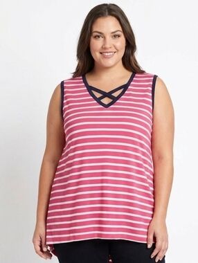 NWT Kim Rogers Pink & White Striped Crisscross V-Neck Sleeveless Top